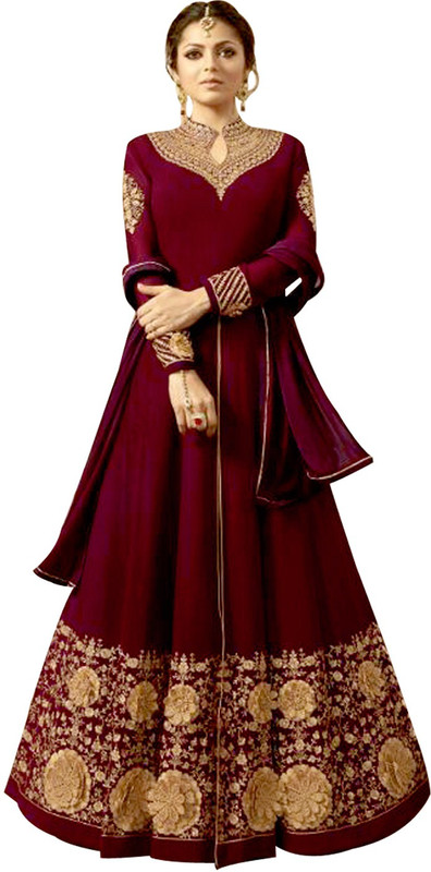 colourfullbutton Poly Georgette Embroidered Semi-stitched Gown, Salwar and Dupatta Material(Semi Stitched)