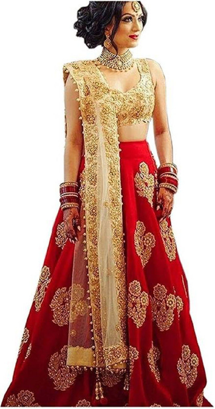 pd fashion Embroidered Semi Stitched Lehenga, Choli and Dupatta Set(Red)