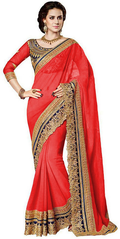 nimi fashion Embellished Fashion Handloom Poly Georgette Saree(Red, Gold)