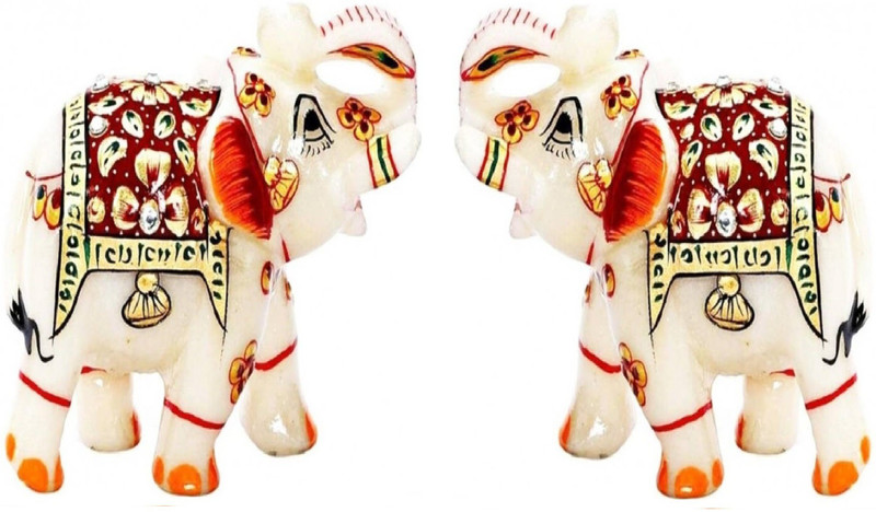 Fashion Bizz Home Decor Embossed work Marble Meenakari Elephant Pair Decorative Showpiece  -  7 cm(Marble)