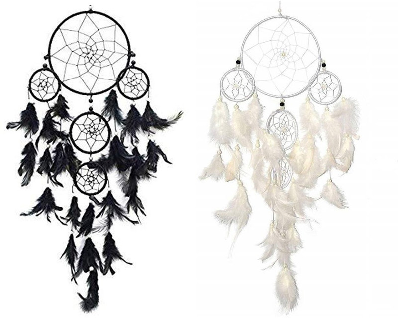 vyne Combo of 5 Ring Black & 5 Ring White Dream Catcher Wall Hanging for Home/Office Wool Windchime(7 inch, Black, White)