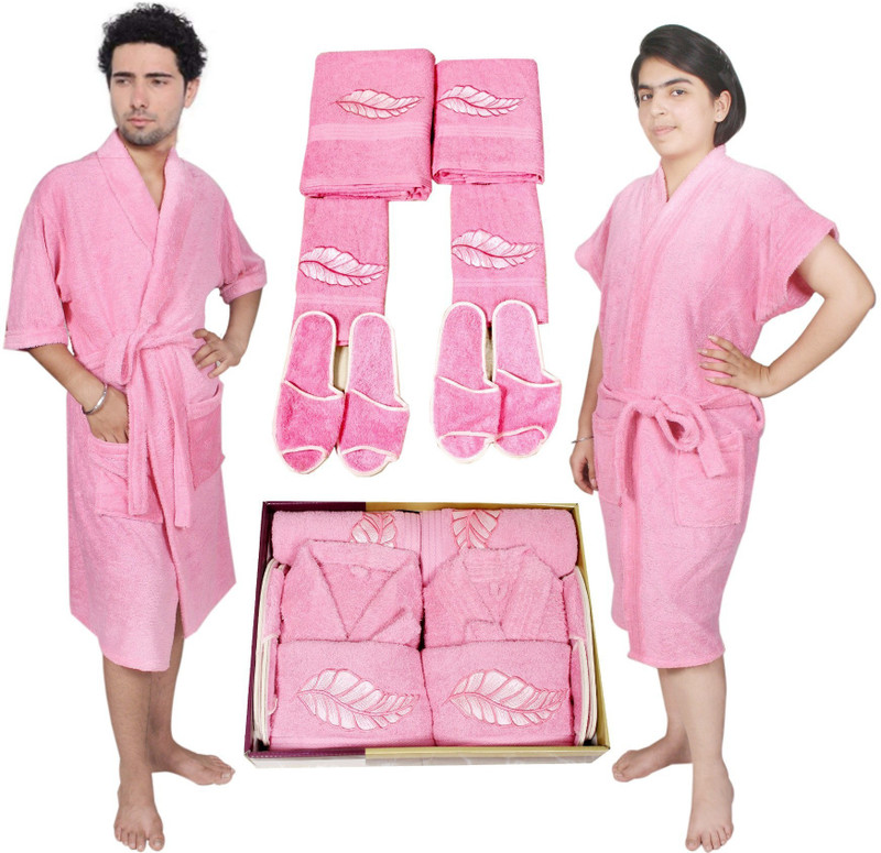 kajal enterprises Pink Free Size Bath Robe(1 Men Bath Robe, 1 set of handy towels, Bath robe set, 1 set of bath towels, 2 set of bath sleepers, 1 Women Bath Robe, For: Men & Women, Pink)