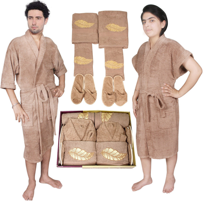 kajal enterprises Brown Free Size Bath Robe(1 Men Bath Robe, 1 set of handy towels, Bath robe set, 1 set of bath towels, 2 set of bath sleepers, 1 Women Bath Robe, For: Men & Women, Brown)