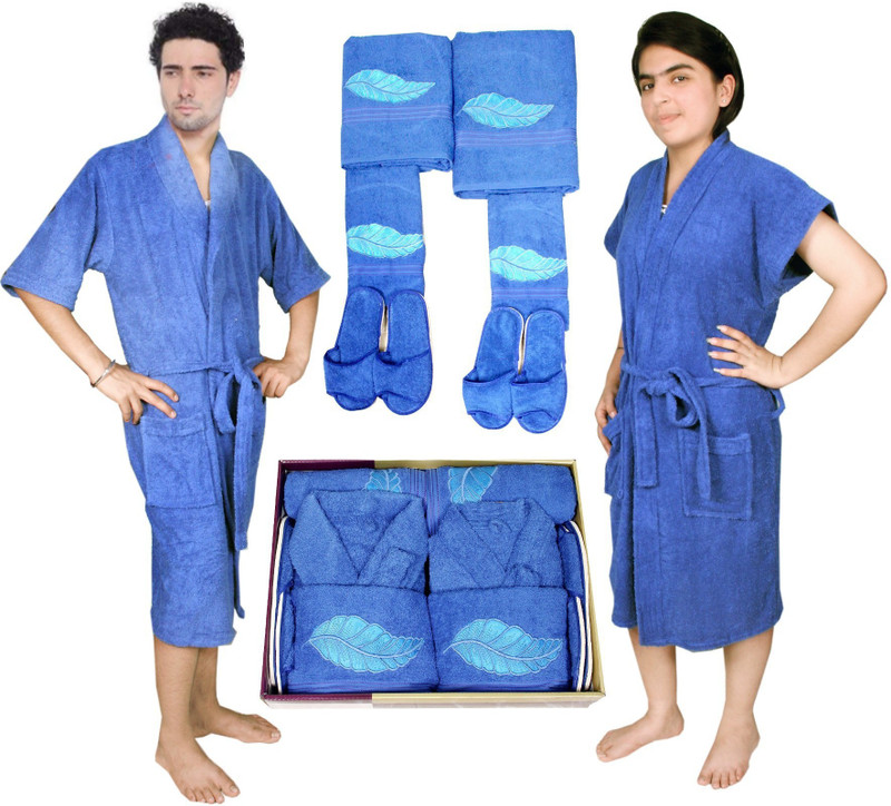 kajal enterprises Blue Free Size Bath Robe(1 Men Bath Robe, 1 set of handy towels, Bath robe set, 1 set of bath towels, 2 set of bath sleepers, 1 Women Bath Robe, For: Men & Women, Blue)