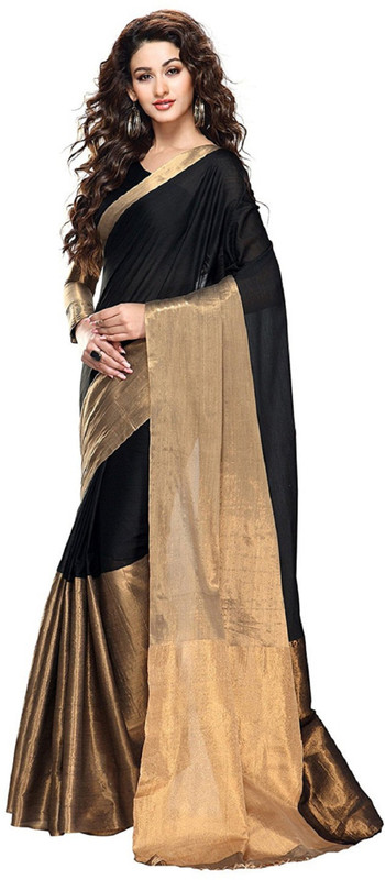 tina fashion Woven Banarasi Cotton Silk Saree(Black, Beige)