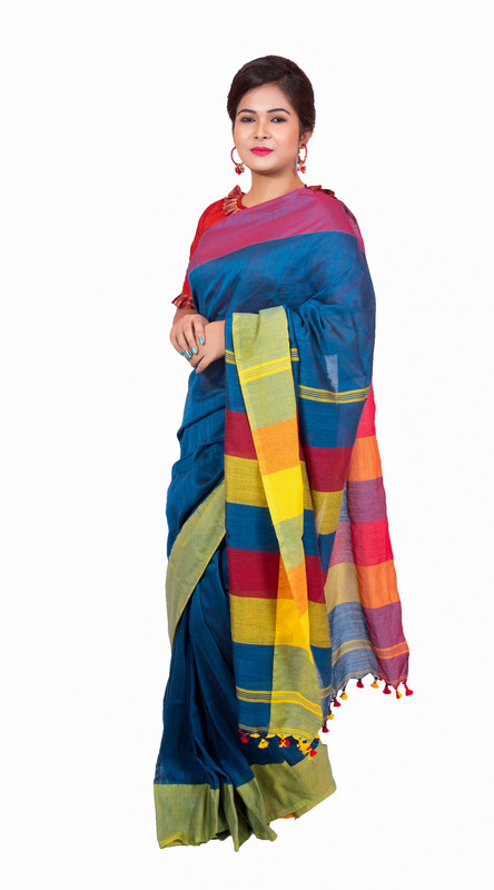 sanjhbati handloom Woven, Self Design Handloom Handloom Khadi Cotton Saree(Dark Blue, Yellow, Red)