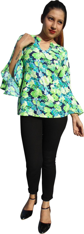 serving princess Casual Flared Sleeve Floral Print Women Green Top