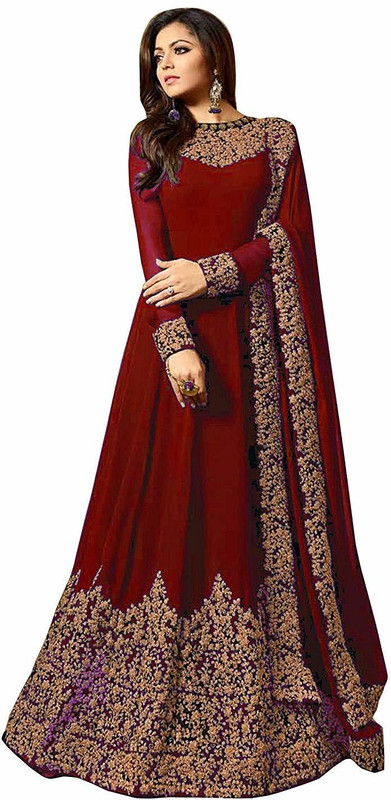 infotech Poly Georgette Embroidered Gown/Anarkali Kurta & Bottom Material(Semi Stitched)