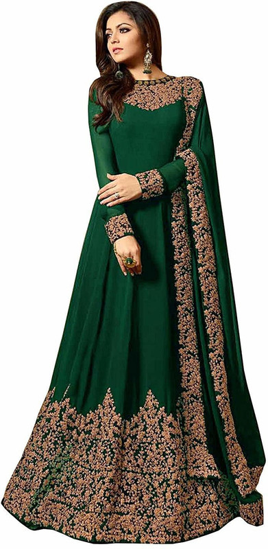infotech Poly Georgette Embroidered Gown/Anarkali Kurta & Bottom Material(Semi Stitched)