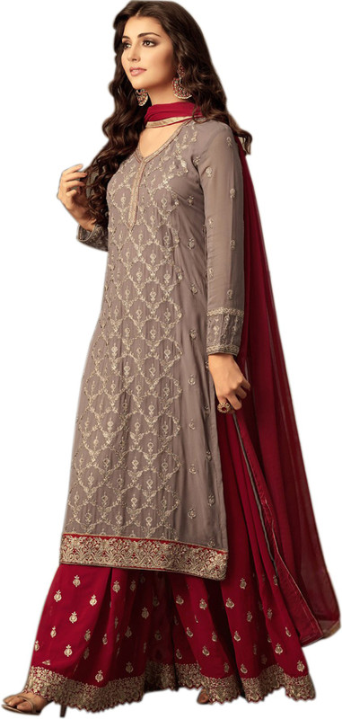 ultimateecommerce Poly Georgette Embroidered Salwar Suit Material(Semi Stitched)