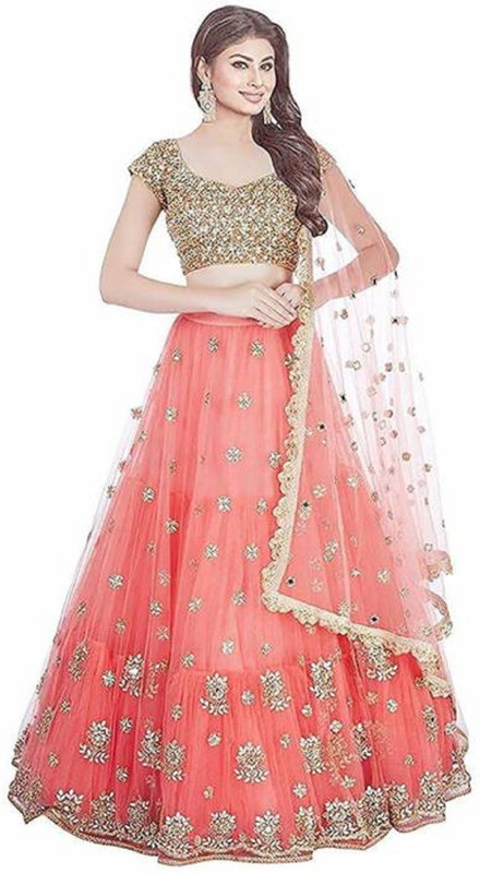 pd fashion Embroidered Semi Stitched Lehenga, Choli and Dupatta Set(Orange)