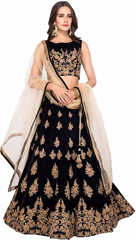 indian youth Embroidered Semi Stitched Lehenga, Choli and Dupatta Set(Black)