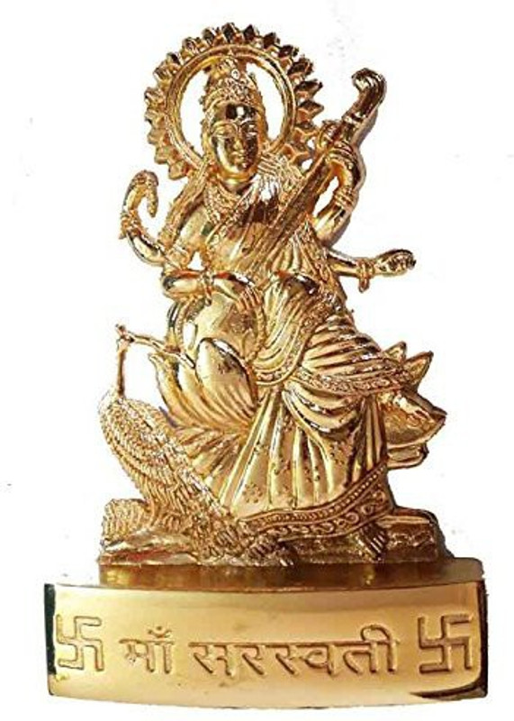 salvusappsolutions Metal Goddess Maa Saraswati Statue Decorative Showpiece  -  11 cm(Metal Alloy, Gold Plated)