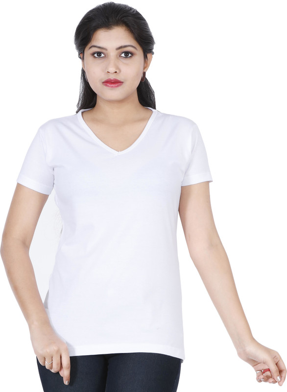 FLEXIMAA Solid Women V-neck White T-Shirt