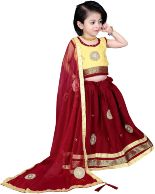 for you fashion Indi Baby Girls Lehenga Choli Ethnic Wear Self Design Lehenga, Choli and Dupatta Set(Maroon, Pack of 1)