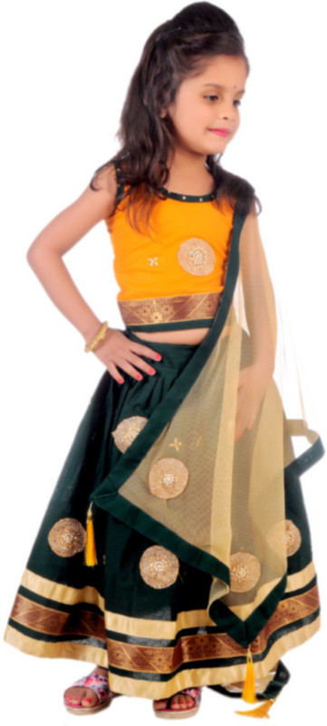for you fashion Indi Baby Girls Lehenga Choli Party Wear, Ethnic Wear, Western Wear, Fusion Wear Self Design Lehenga, Choli and Dupatta Set(Green, Pack of 1)