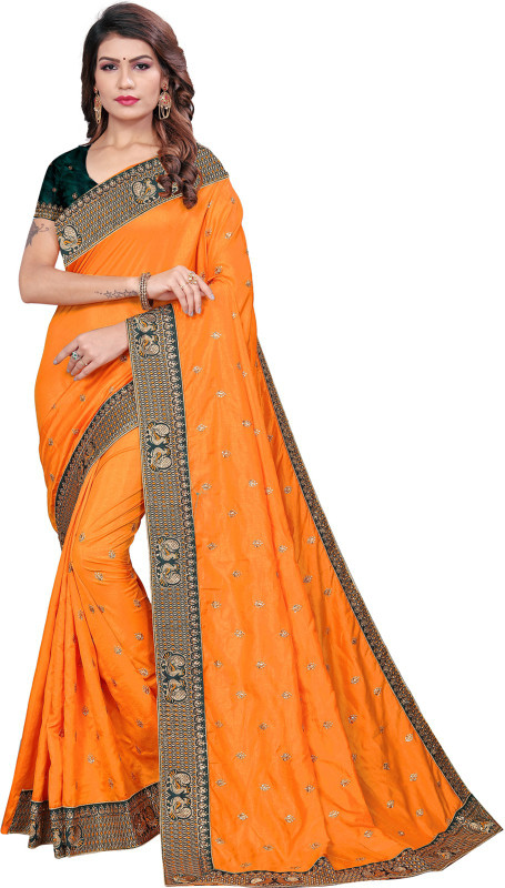 g fashion studio Embroidered Daily Wear Poly Silk Saree(Orange)