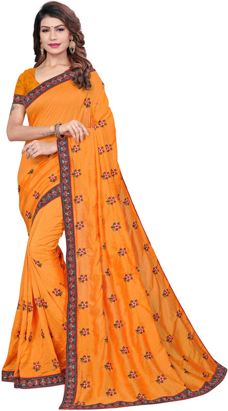 g fashion studio Solid, Embroidered, Self Design Daily Wear Poly Silk Saree(Yellow)