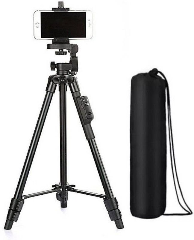 techobucks Adjustable Aluminium Lightweight Camera Stand Tripod-3388 With Three-Dimensional Head & Quick Release Plate For Video Cameras and mobile clip holder & BT Remote for All Mobiles & Smartphones Tripod Tripod(Black, Supports Up to 1500 g)