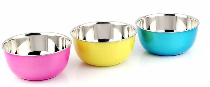 abviral Microwave Safe Stainless Steel Plastic Coated Stainless Steel Bowl Set(Pink, Blue, Yellow, Pack of 3)