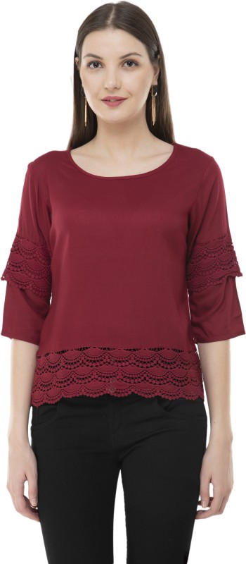 Milky Way Casual 3/4 Sleeve Solid Women Red Top