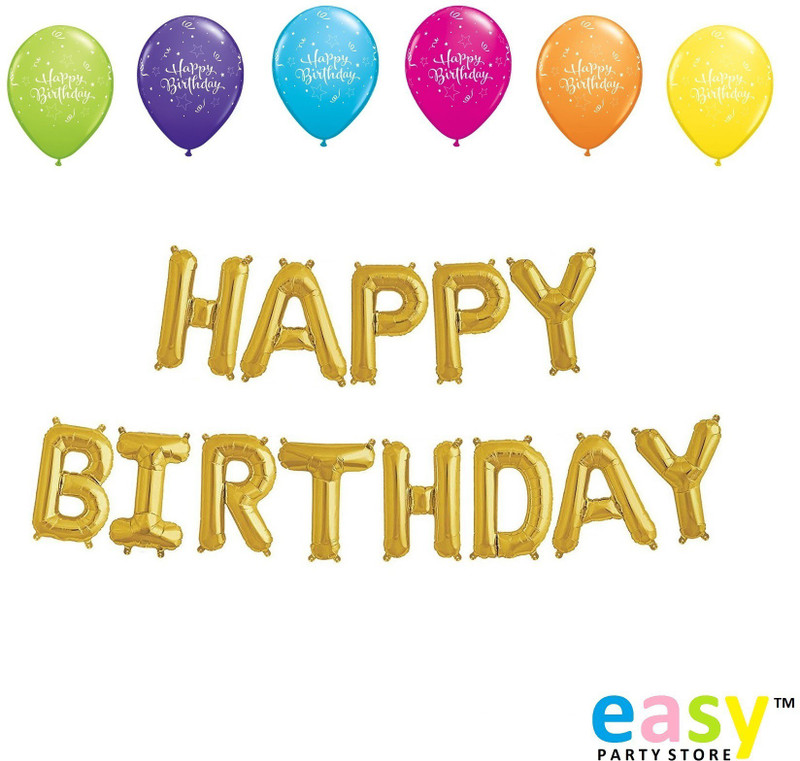 easypartystore Printed Happy Birthday Balloons + Gold Color Happy Birthday Foil Letter Balloon(Gold, Pack of 34)