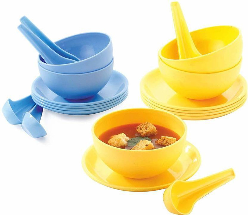 senoprime Microwave Safe Soup Set with Spoons (6 soup bowl, 6 soup spoon, 6 saucer plate) Pack of 18 Dinner Set (Plastic) Pack of 18 Dinner Set(Plastic)