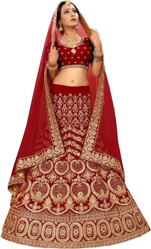 aadhiya impex Embroidered Semi Stitched Lehenga, Choli and Dupatta Set(Red)