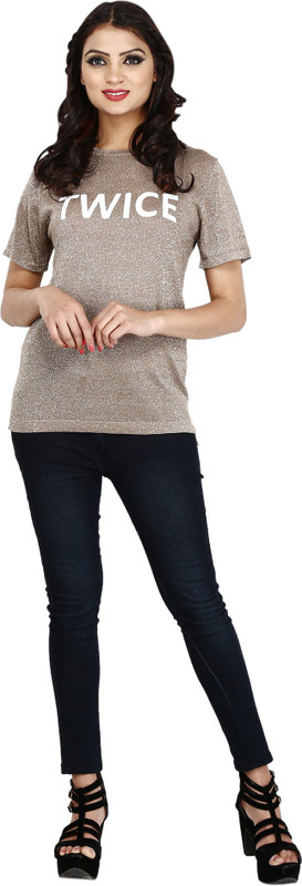 kayseria Party Regular Sleeve Solid Women Gold Top