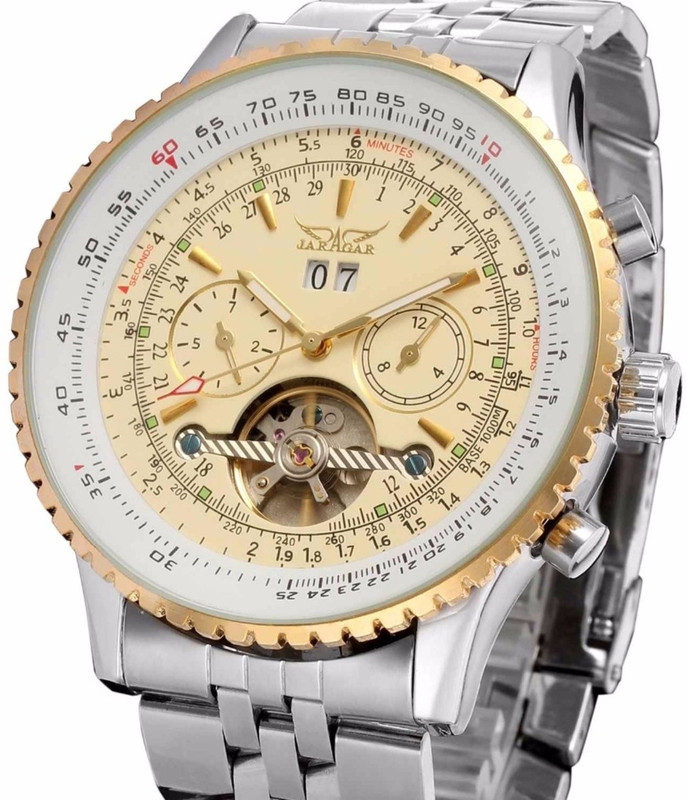 jaragar JARAQUA2564 Aquaasian Jaragar Brand Luxury 6 Hands Automatic Self Wind Date Week Full Steel Big Head, heavy Skeleton Design Tourbillon Mechnaical Men Watch with beautiful gift LEATHER CASE- YELLOW-Gold Analog Watch  - For Men