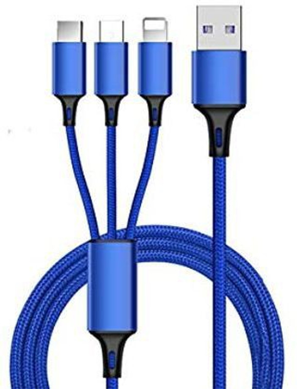 yezbay High Quality Nylon Braided Type-C Lightning Micro USB Data Cable 1.5 m Power Sharing Cable(Compatible with ios mobile, type c mobiles, android mobiles, Blue, Sync and Charge Cable)