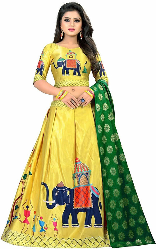 ethnicset Digital Print Semi Stitched Ghagra, Choli, Dupatta Set(Yellow)
