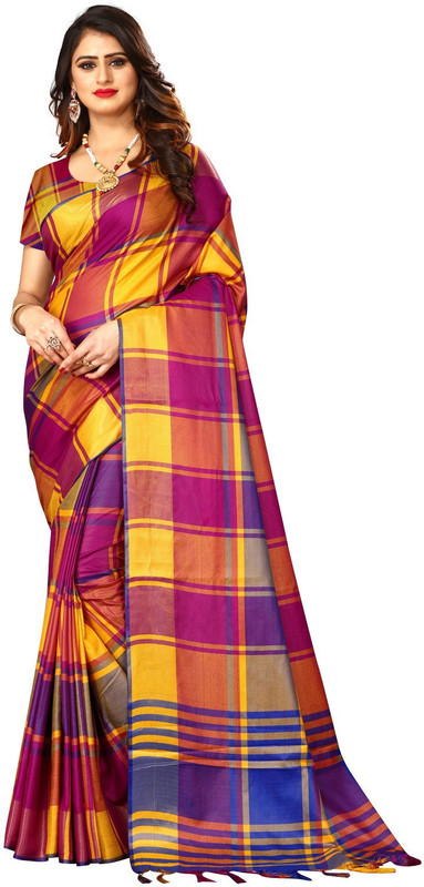shoppershopee Checkered Chettinadu Poly Silk Saree(Yellow, Purple)