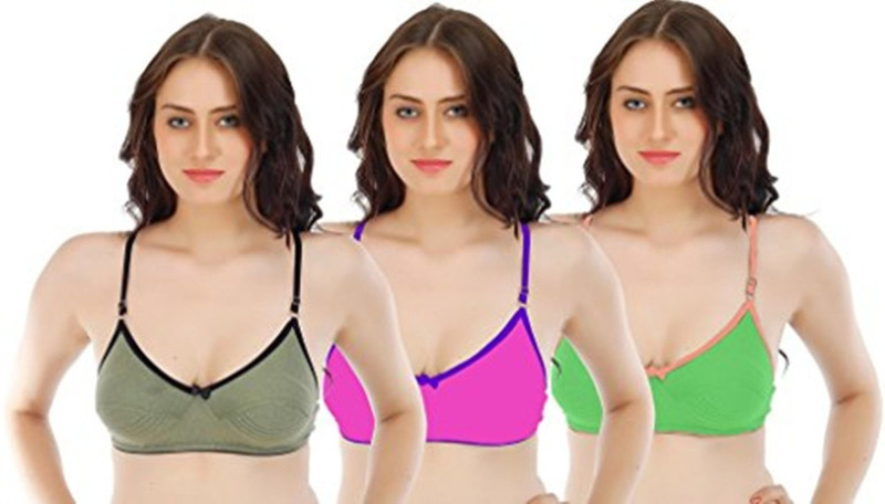 Fabme Women T-Shirt Non Padded Bra(Dark Green, Green, Pink)