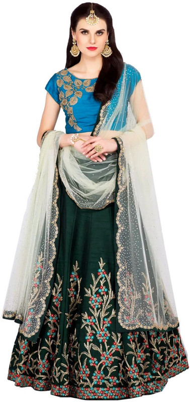 7eleven store Embroidered Semi Stitched Lehenga, Choli and Dupatta Set(Dark Green, Light Blue, Beige)