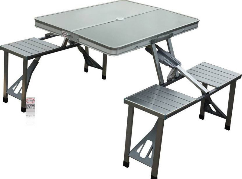 flmas Outdoor Aluminum Portable Folding Camp Suitcase Picnic Table with 4 Seats with Umbrella Metal Outdoor Table(Finish Color - CLEAN)