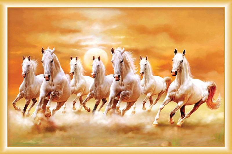 Vastu Nano Poster White 7 Horse Running Sticker Poster.(12 inch X 18 inch) Fine Art Print(12 inch X 18 inch, Rolled)
