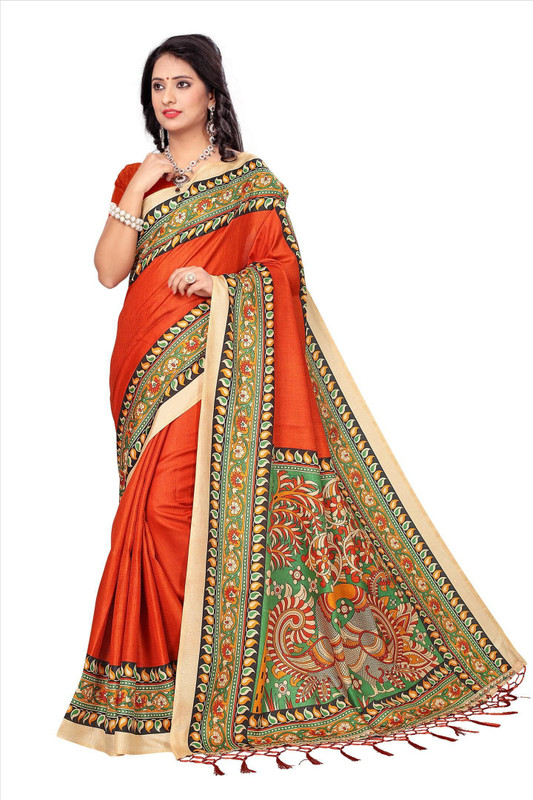 missfab Printed Daily Wear Khadi Silk Saree(Orange)