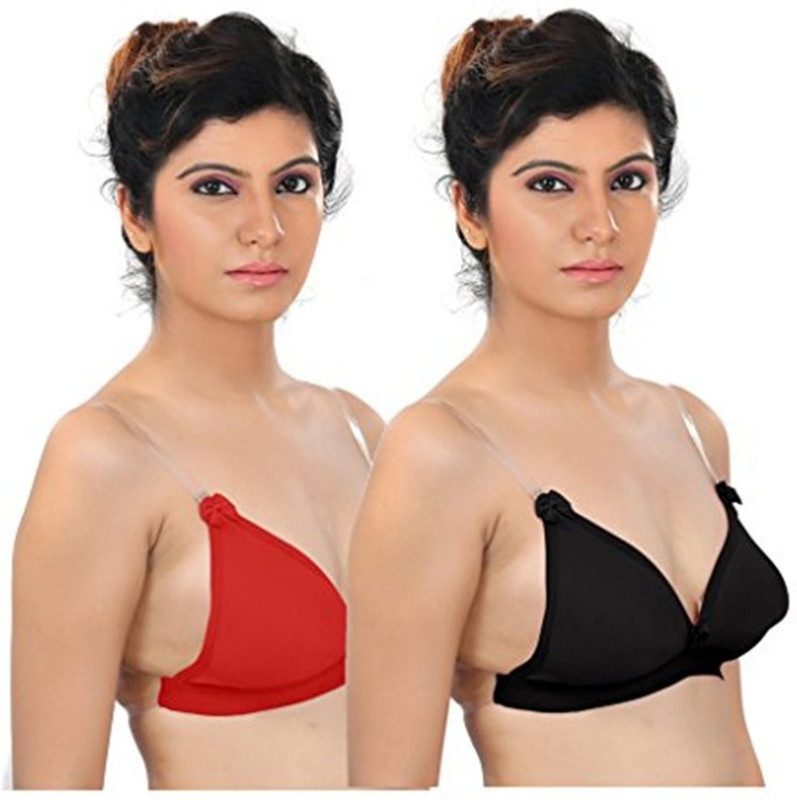 Fabme Backless Women T-Shirt Non Padded Bra(Red, Black)