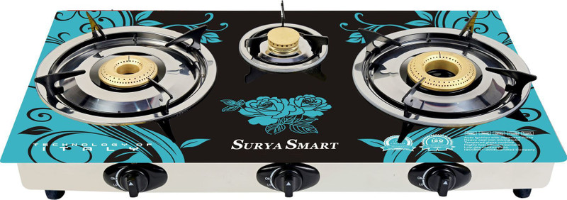 surya smart Stainless Steel, Aluminium, Glass, Cast Iron Automatic Gas Stove(3 Burners)