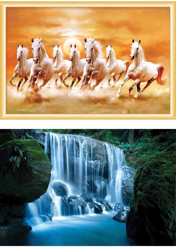 Vastu nano poster white 7 horse running sticker poster ,+Nature Beautiful Vastu Wallpaper Green Forest Pleasant Water Flow Sticker(12 inch X 18 inch, rolled) Fine Art Print(18 inch X 12 inch)