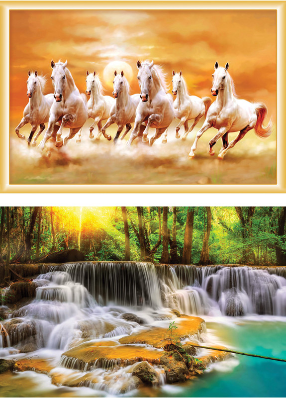Vastu nano poster white 7 horse running sticker poster ,+Nature Beautiful Vastu Wallpaper Green Forest Pleasant Water Flow Sticker(12 inch X 18 inch, rolled) Fine Art Print(18 inch X 12 inch)