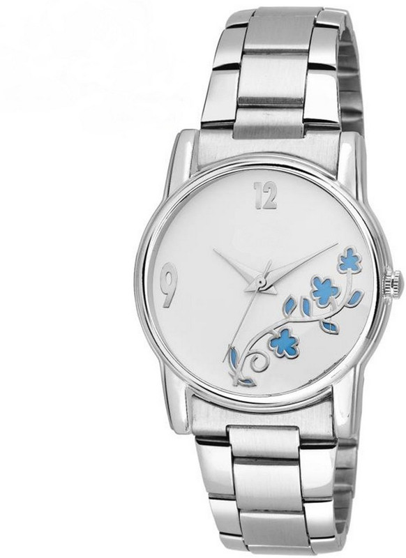 hensicreation New Stylish Party-Wedding Blue Flower Silver Dial Stainless Steel Belt Watch For Girls & Women Watch Analog Watch  - For Women