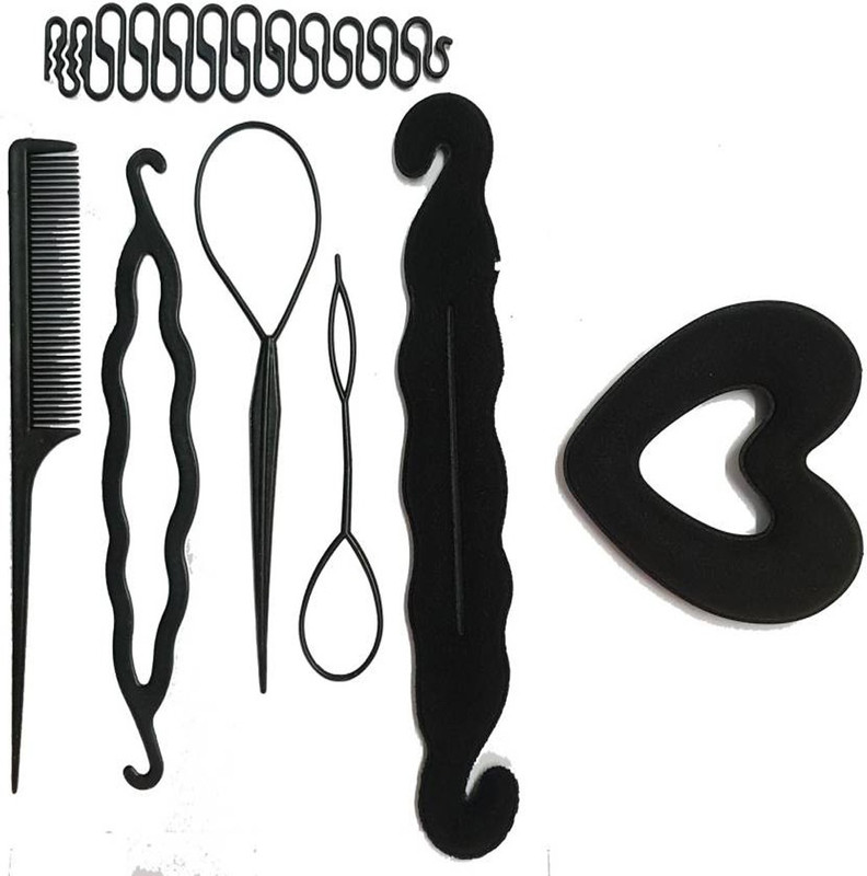 bella harao 7Pc. Set Juda Maker+ Heart shape donut + Braid maker + Hair Styling Tool hair combo, Hair Accessory Set(Black)