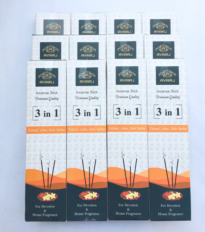 aviraj Premium Incense Stick 3-in-1(Pack of 12) Three Different Fragrance Poshak, Shahi Darbar, Loban Agarbattis(56 Units)
