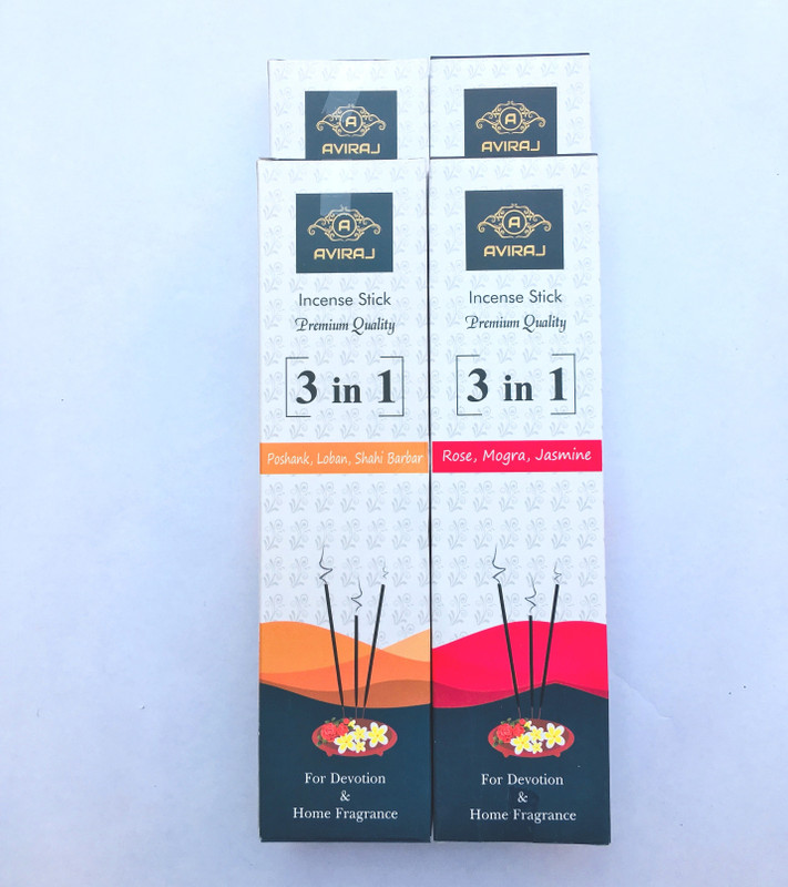 aviraj Premium Incense Stick 3-in-1(Pack of 4) 6 Different Fragrance Rose, Mogra, Jasmine, Poshak, Loban, Shahi Darbar Agarbattis(56 Units)
