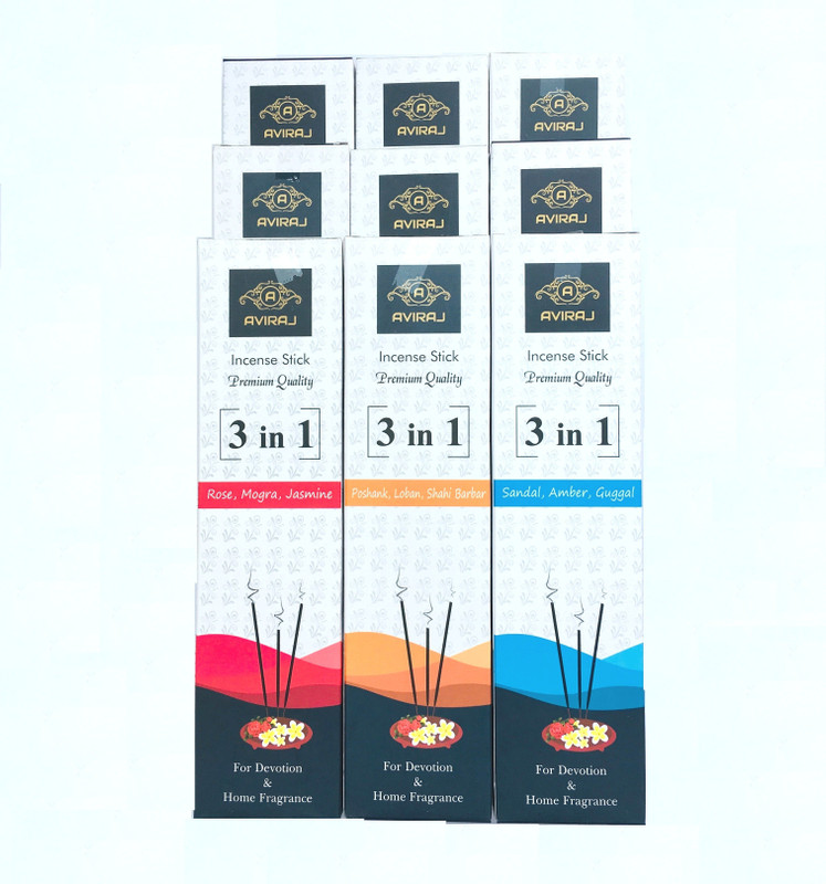 aviraj Premium Incense Stick 3-in-1(Pack of 9) Nine Different Fragrance Rose, Mogra, Jasmine,, Amber, Sandal, Guggal, Shahi Darbar, Loban, Poshak Agarbattis(56 Units)