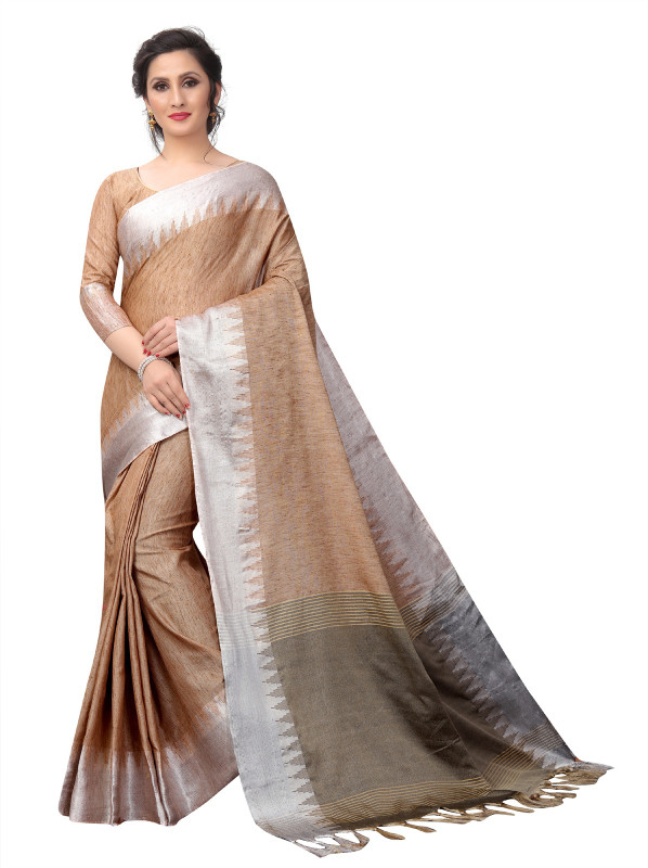 ofline selection Woven Daily Wear Cotton Linen Blend, Linen Blend Saree(Brown)