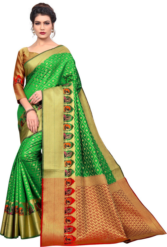 g fashion studio Woven Kanjivaram Poly Silk Saree(Green)