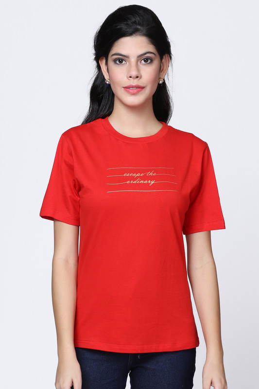 amlido Graphic Print, Solid Women Round Neck Red T-Shirt